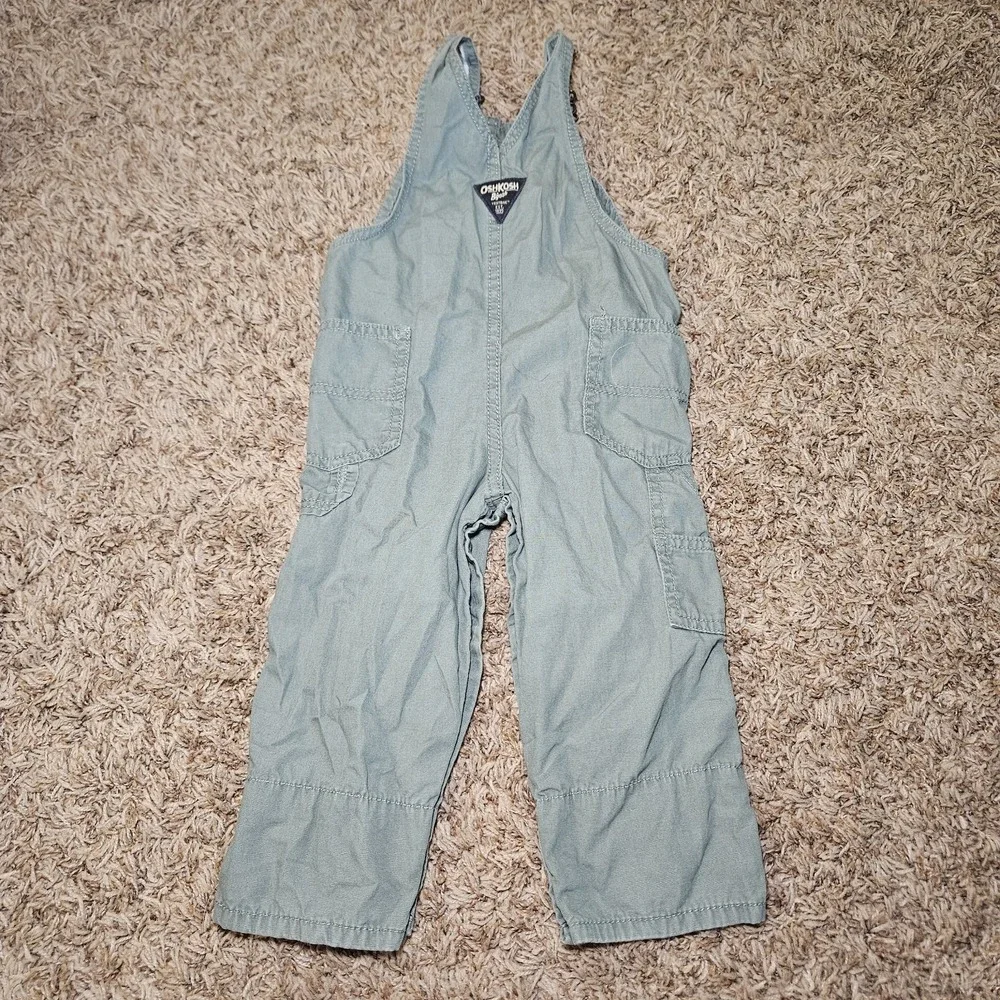 Oshkosh B'gosh Green Overalls Bibs Boys Size 24 Months Roll Cuffs Cotton